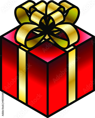 A cubic present wrapped in red foil and gold ribbon.