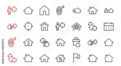 Simple set of line vector home icons. Contains house symbols at interest, infuse house and more. Editable stroke. 480x480 pixels perfect