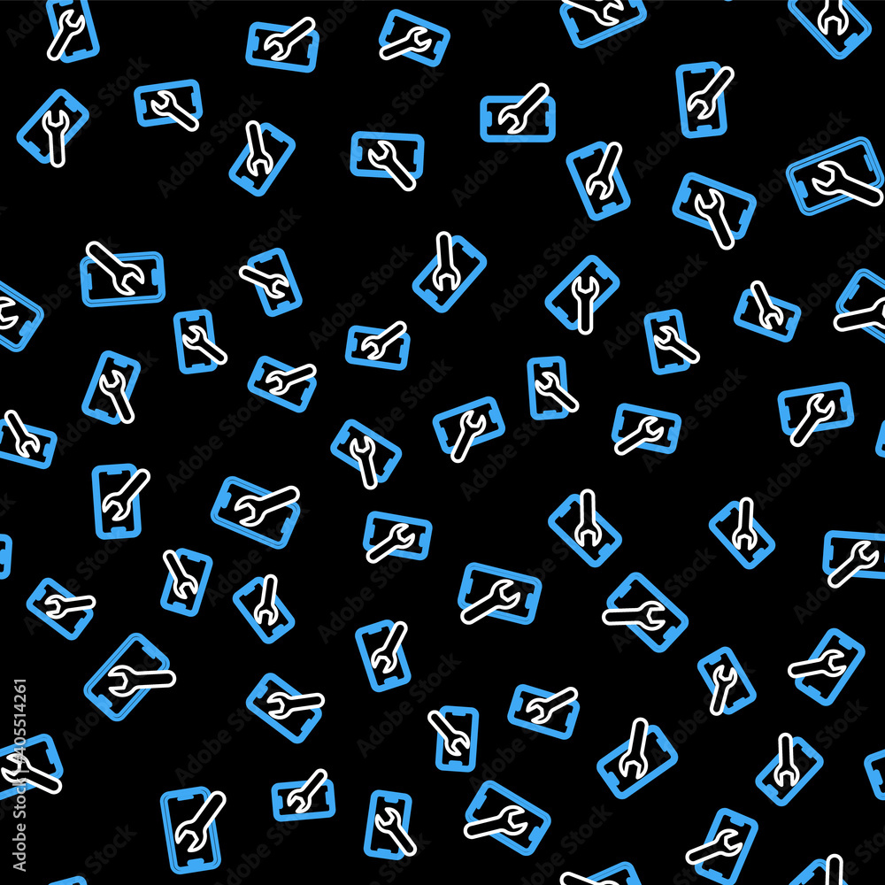 Line Mobile phone with wrench icon isolated seamless pattern on black background. Adjusting, service, setting, maintenance, repair. Vector. Line Mobile phone with wrench icon isolated seamless pattern on black background. Adjusting, service, setting, maintenance, repair. Vector.