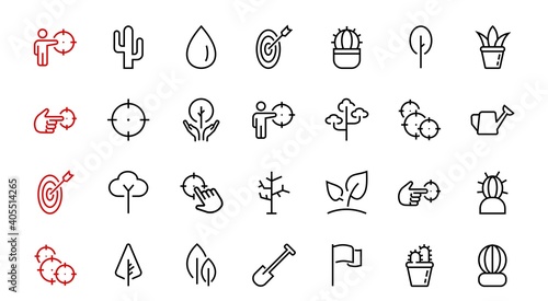 A set of Rosteniya Icons, and garden care, Vector illustration, Contains Icons such as tree, cactus, watering can, spade, flower and much more. on a white background, editable bar 480x480