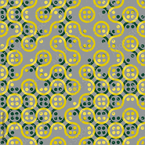 Truchet generative art random circles and wavy lines vector seamless pattern background. Backdrop of yellow and grey wavy, circular shapes and dots with grunge effect texture. Modern all over print