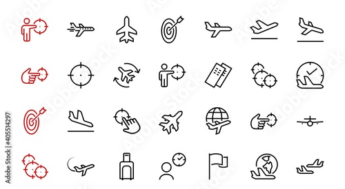 A simple set of airport related vector line icons. Contains badges such as departure, boarding, waiting time, boarding, find a place to travel tickets, and much more. Editable stroke. 48x48 pixels