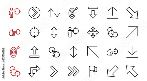 Set of line arrows, directions, arrows, contains icons such as pause, continuation, directly, to the right, Editable stroke. 480x480, On a white background, Vector illustration