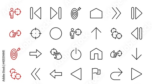 Set of line arrows, directions, arrows, contains icons such as pause, continuation, directly, to the right, Editable stroke. 480x480, On a white background, Vector illustration