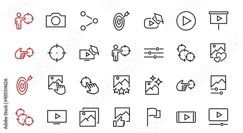 Gallery Set of Images vector line icons. Contains icons such as video, play video, edit images, Business Training, like photo. Editable stroke. Vector illustration