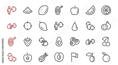 Fruit Icon Set  Vector lines  Contains icons such as apple  banana  cherry  lemon  watermelon  Avocado Editable stroke  48x48 pixels  White background  eps 10