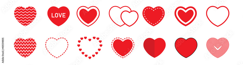 Set of different hearts on Valentine's Day. Hearts icon collection. Collection of heart illustrations, love symbol icons set. Red hearts. Hand drawn.