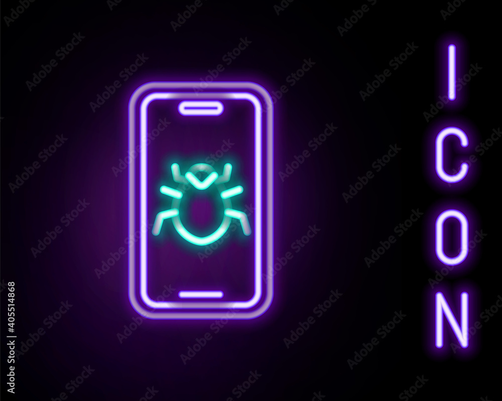 Glowing neon line System bug on mobile icon isolated on black background. Code bug concept. Bug in the system. Bug searching. Colorful outline concept. Vector. Glowing neon line System bug on mobile icon isolated on black background. Code bug concept. Bug in the system. Bug searching. Colorful outline concept. Vector.