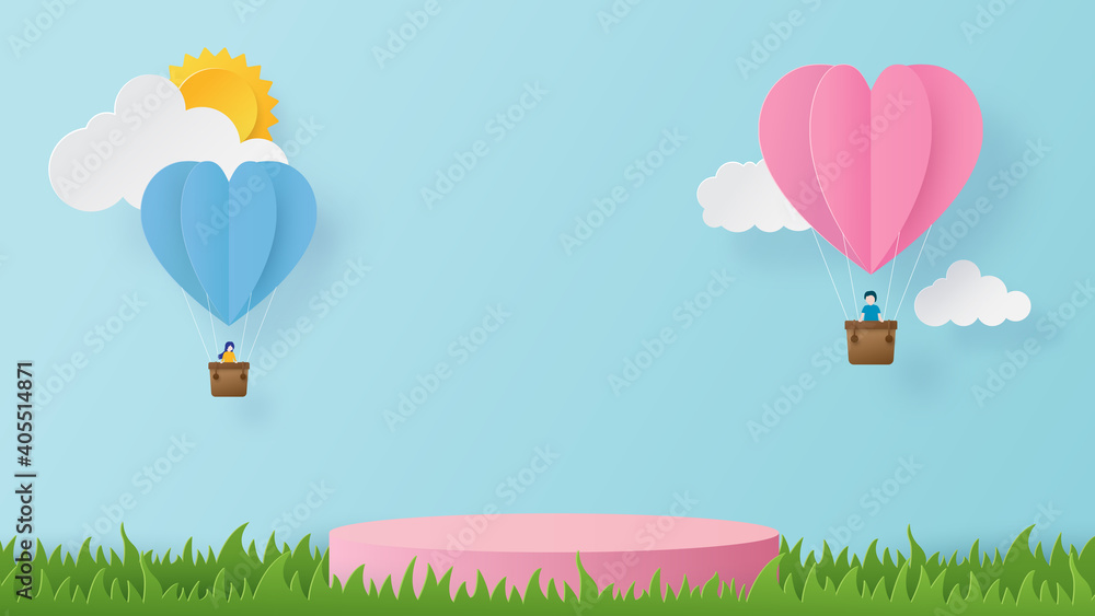 Happy valentines day banner with podium platform. Heart balloons with peoples joyful and podium to show product. Paper cut and craft style illustration Happy valentines day banner with podium platform. Heart balloons with peoples joyful and podium to show product. Paper cut and craft style illustration