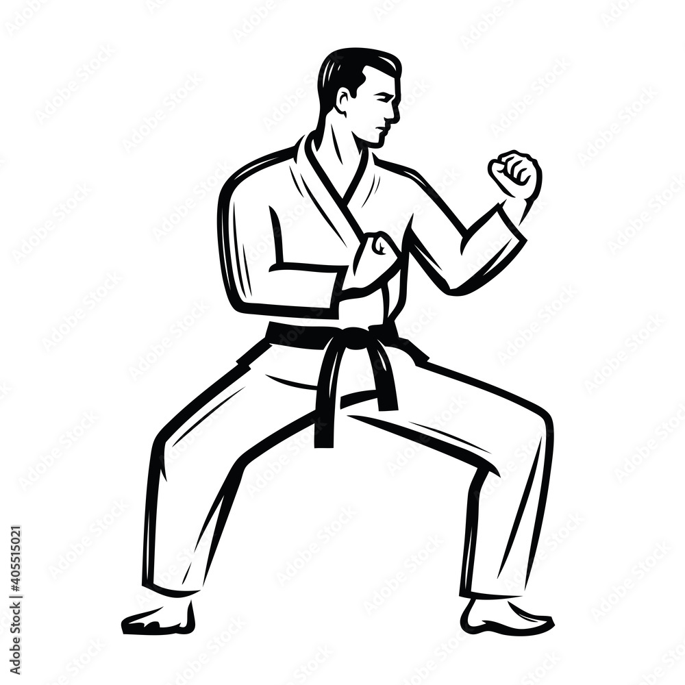 Karate symbol. Man in kimono stands in fighting stance ready to fight Karate symbol. Man in kimono stands in fighting stance ready to fight