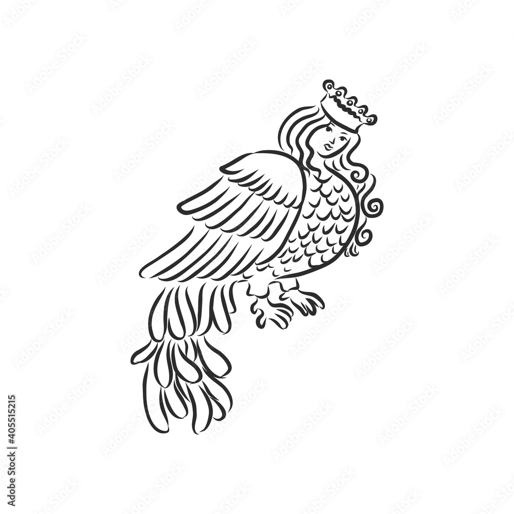 Sirin - illustration of the mythological half-woman half-bird that sings songs of paradise, bringing people happiness. the Sirin bird sketch vector illustration Sirin - illustration of the mythological half-woman half-bird that sings songs of paradise, bringing people happiness. the Sirin bird sketch vector illustration