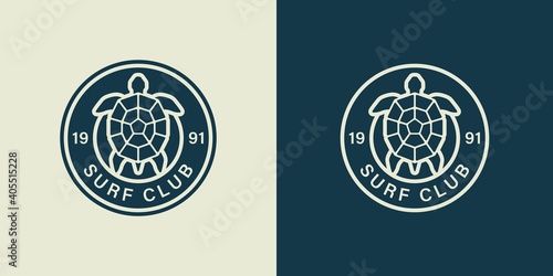 Set of color illustrations sea turtle, circle, text on the background. Vector illustration for emblem, badge, sticker and label. Surfing club symbols. Surfer logo.