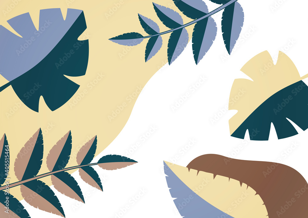 Fototapeta premium Geometric shapes, abstract tropical leaves on a white background. Dynamic template for your cover design. Vector