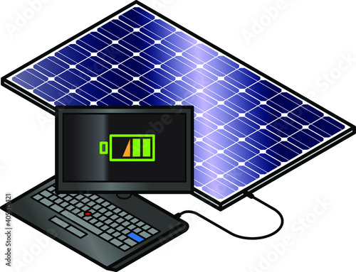 Solar panel charging a laptop.