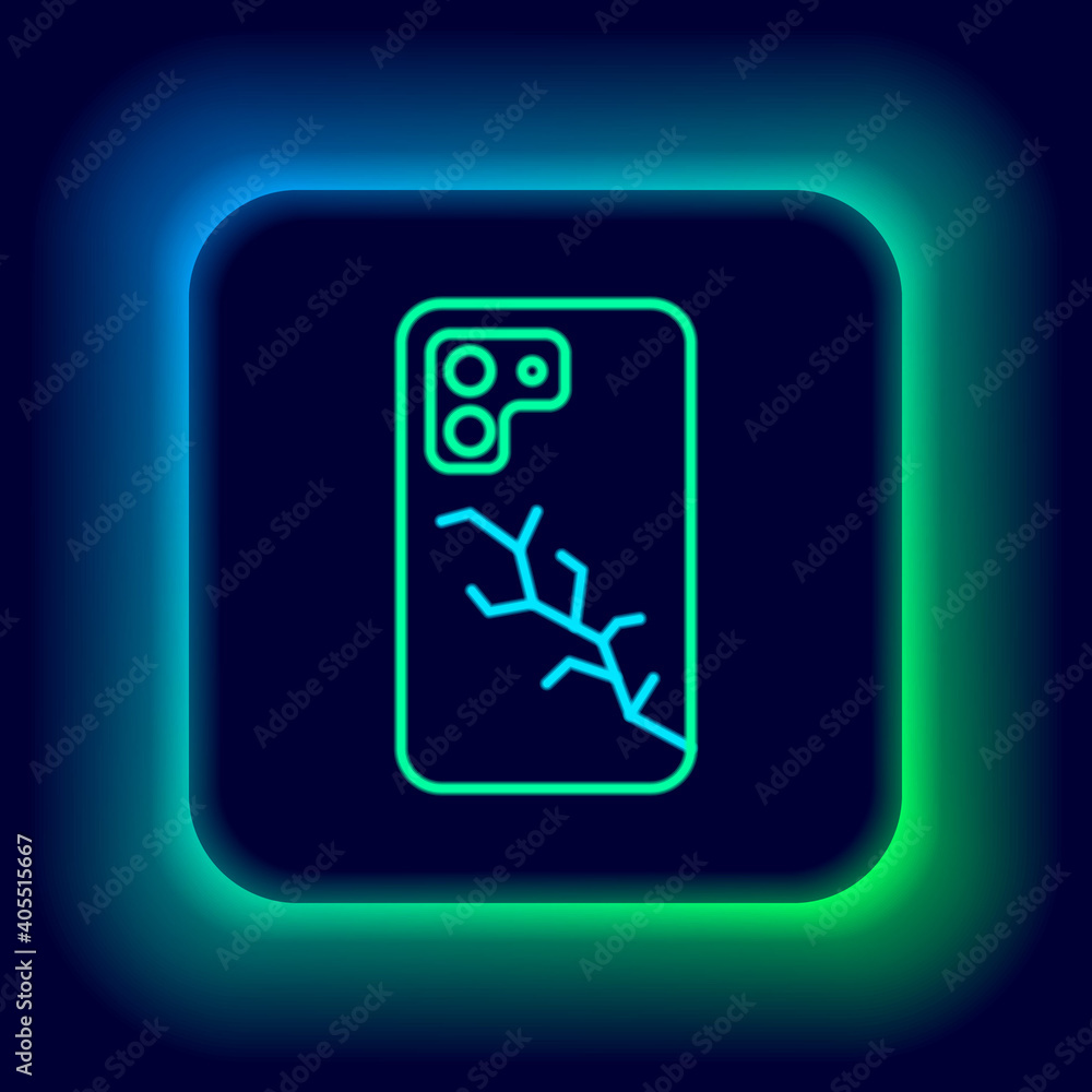 Glowing neon line Smartphone with broken screen icon isolated on black background. Shattered phone screen icon. Colorful outline concept. Vector. Glowing neon line Smartphone with broken screen icon isolated on black background. Shattered phone screen icon. Colorful outline concept. Vector.