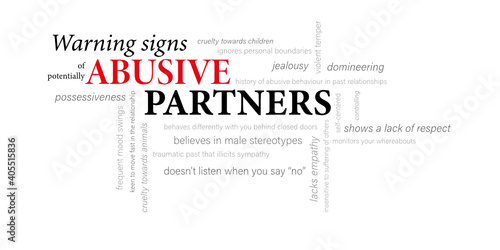 WARNING SIGNS of potentially ABUSIVE PARTNERS vector word cloud