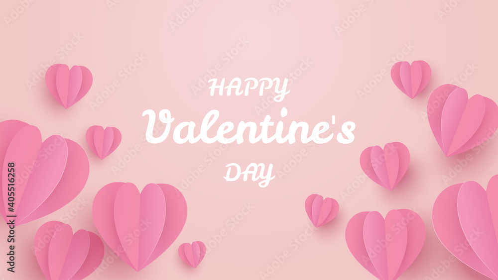 Valentines day banner. Heart paper craft on pink background. Valentine's day