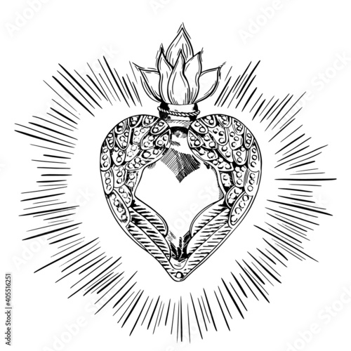 Sacred Heart of Jesus with rays. Vector illustration black isolated on white. Trendy Vintage style element. Spirituality, occultism, alchemy, magic, love. Coloring book for adults.