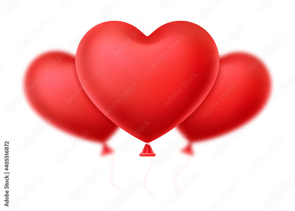 Three red hearts in the shape of balloon on white background. Valentine's Day. 3d realistic vector illustration. 