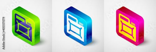 Isometric Canister for motor machine oil icon isolated on grey background. Oil gallon. Oil change service and repair. Engine oil sign. Square button. Vector.