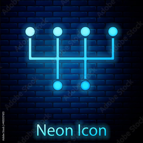 Glowing neon Gear shifter icon isolated on brick wall background. Transmission icon. Vector.