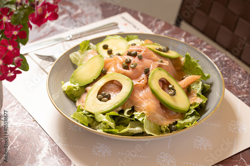 Salmon avocado salad with capers