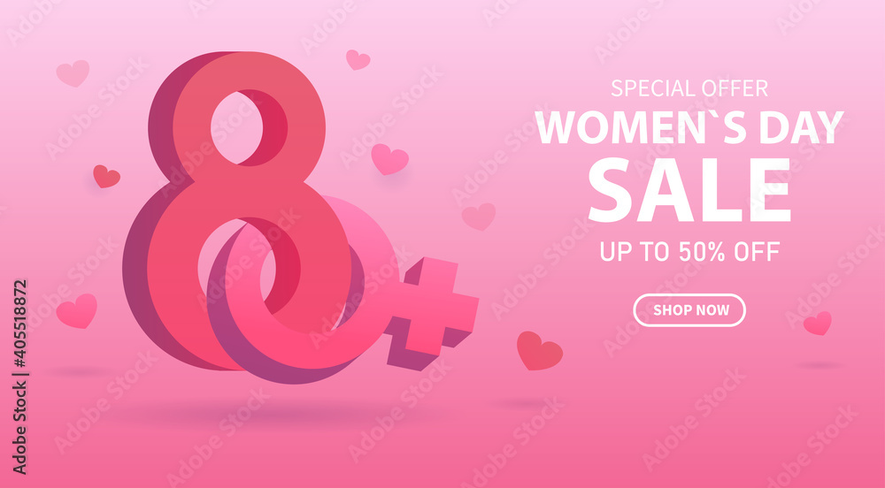 Vector banner discount for March 8 with 3D effect. International Women's Day. 3D number that intertwines with a female sign and hearts. Can be used in brochures, postcards. Sale background. Vector banner discount for March 8 with 3D effect. International Women's Day. 3D number that intertwines with a female sign and hearts. Can be used in brochures, postcards. Sale background.