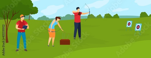 Archery sport player in summer games vector illustration. Archers athletes with bows and target in nature. Sporting championship. International archeryes sportive competition.