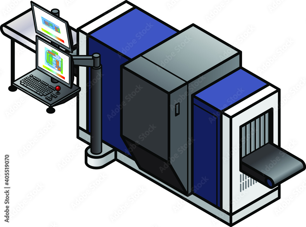 An airport luggage scanner with control pad, keyboard and two screens. An airport luggage scanner with control pad, keyboard and two screens.