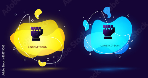 Black MMA glove icon isolated on black background. Sports accessory fighters. Warrior gloves. Abstract banner with liquid shapes. Vector.