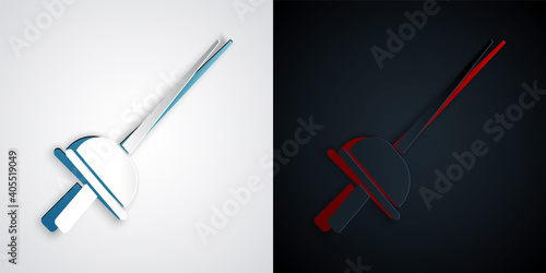 Paper cut Fencing icon isolated on grey and black background. Sport equipment. Paper art style. Vector.