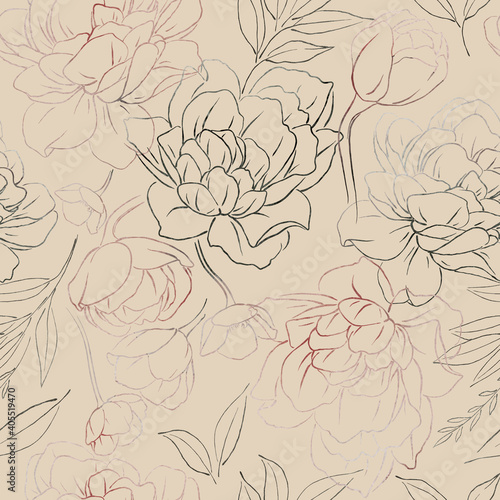 Seamless floral pattern with peony flowers on summer background, watercolor illustration. Line art. Template design for textiles, interior, clothes, wallpaper