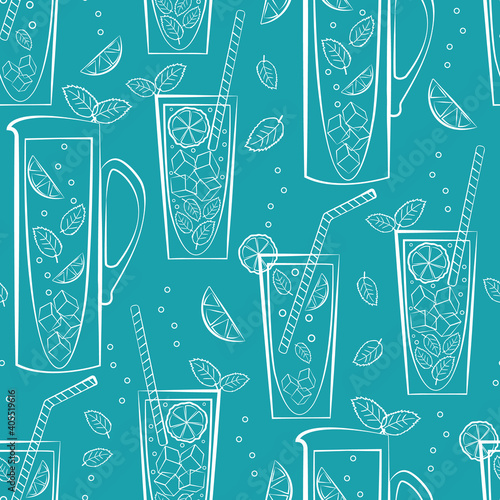 Mint lemonade pitcher and glass vector seamless pattern background. Blue white backdrop with line art style jugs, drinks glasses, straws, lemons, limes, minty leaves. Beverage repeat for summer