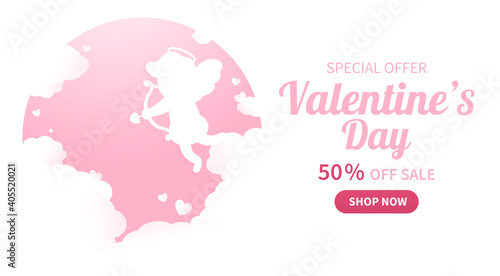Valentines day sale background with paper cupid and clouds. Wallpaper  flyers  invitations  posters  brochures  banners. Can be used in product advertising and marketing.