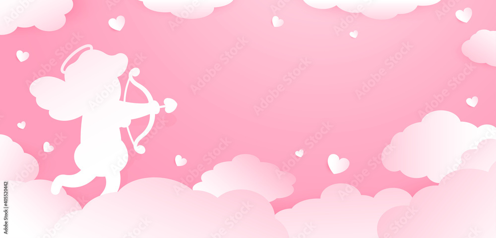 Beautiful vector web banner for valentine's day. Paper cupid, storm clouds and hearts on a pink background. Valentine's Day. Free space for your text. Beautiful vector web banner for valentine's day. Paper cupid, storm clouds and hearts on a pink background. Valentine's Day. Free space for your text.