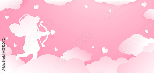 Beautiful vector web banner for valentine's day. Paper cupid, storm clouds and hearts on a pink background. Valentine's Day. Free space for your text.
