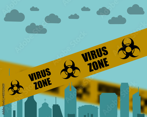 Virus warning tape over the city. Coronavirus pandemic.	
