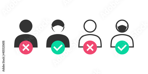 No Entry Without Face Mask or Wear a Mask Icon. Man and Woman in medical face protection mask. Vector illustration