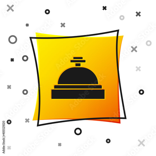 Black Hotel service bell icon isolated on white background. Reception bell. Yellow square button. Vector.