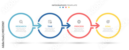 Timeline infographics template design with arrows and circles. Business concept with 4 options, steps, parts. 
