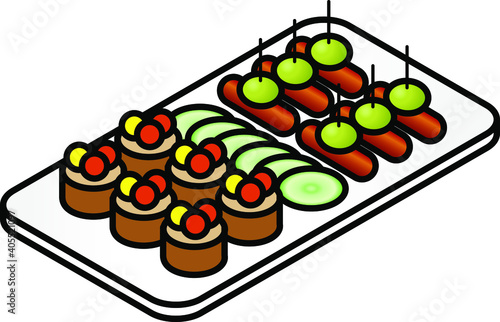 A plate of colorful canapes - chipolatas with olives, cucumber slices, roast beef medallions.