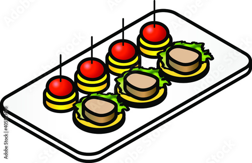 A plate of colorful canapes - foie gras on cracker with lettuce, tomato and cheese stacks.