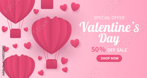 Valentine's Day sale background with lots of paper balloons. A paper heart instead of a ball. Wallpaper, flyers, invitations, posters, brochures, banners.