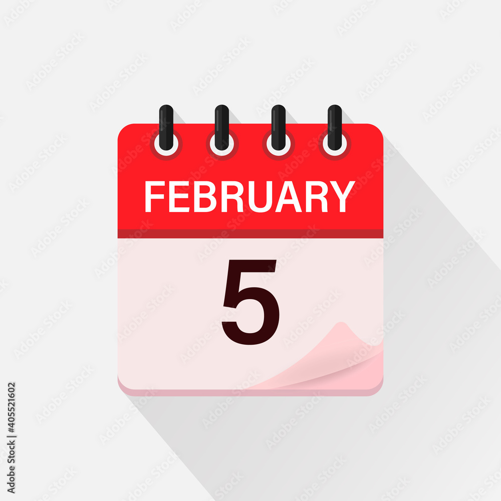 February 5, Calendar icon with shadow. Day, month. Flat vector illustration. February 5, Calendar icon with shadow. Day, month. Flat vector illustration.