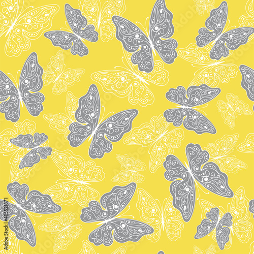 Seamless pattern with gray lace butterflies