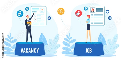 Open vacancy for job, business hire vector illustration. Candidates for vacancies, review of summaries. Boss studying application form. Recuitment, hiring employee. Vacant work in office.