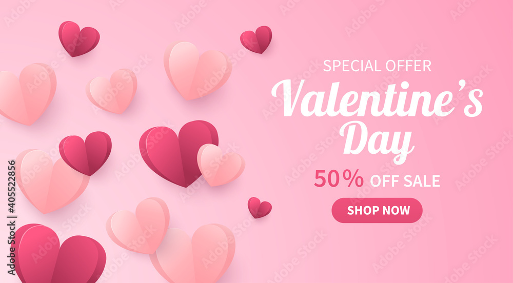 Valentine's Day sale background with paper hearts of different colors that lie in a heap on top of each other on a pink background. Vector illustration. Wallpaper. Flyers, invitations, posters, brochu