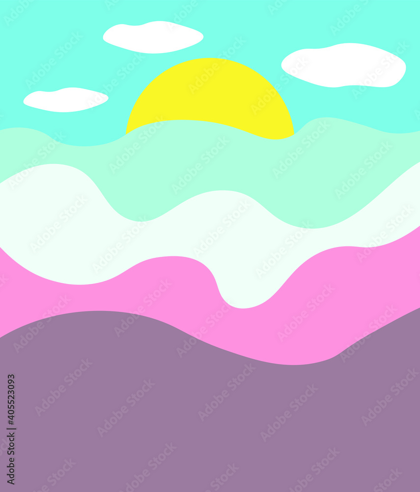 Beautiful vector illustration, sunset or sunrise picture with clouds, sun over mountains panorama. Artistic abstract drawing. Ideal for prints, t-shirt, poster, web design, cards etc.