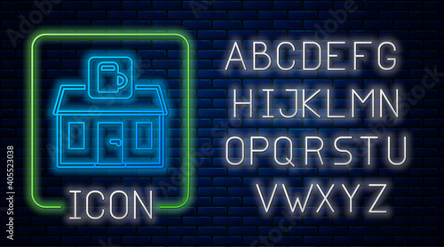 Glowing neon Store building of beer shop icon isolated on brick wall background. Brewery sign. Neon light alphabet. Vector.