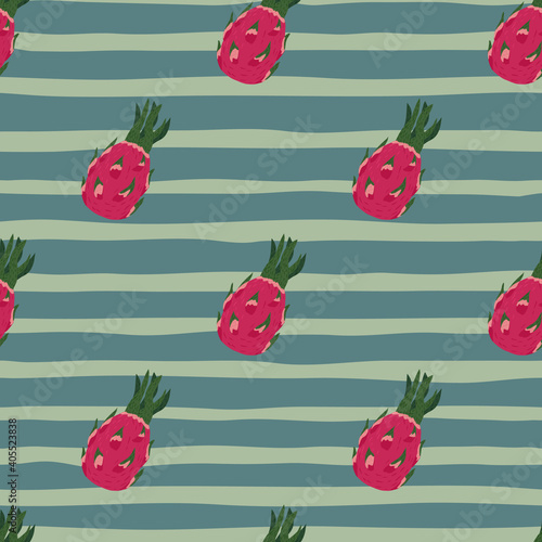 Seamless pattern in minimalistic style with pink bright pitahaya ornament. Pale blue striped background.